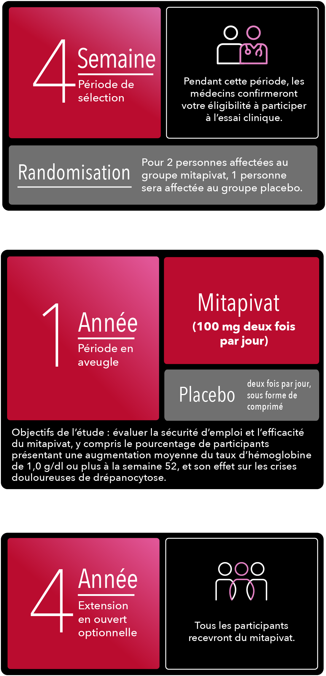 Période de sélection de phase 3 allant jusqu’à 28 jours, période en double aveugle de 52 semaines, critères d’évaluation principaux, période d’extension en ouvert de 216 semaines et suivi de la sécurité d’emploi environ 4 semaines après la dernière dose