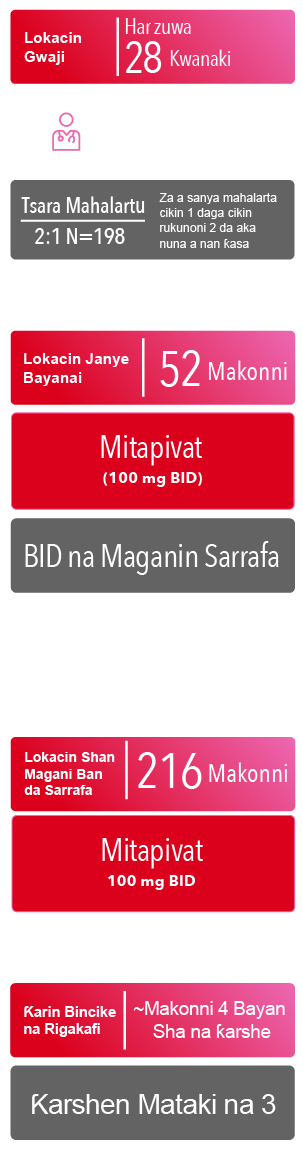 Lokacin tantancewa rukuni na 3 har zuwa kwanaki 28, makonni-52 na sakayayyen gwaji mai mataki biyu, muhimmin abin da ya faru yayin gwaji, makonni-216 lokacin ƙari na buɗaɗɗan bincike, da bitan ganin likata a kusan sati 4 bayan shan maganin ƙarshe