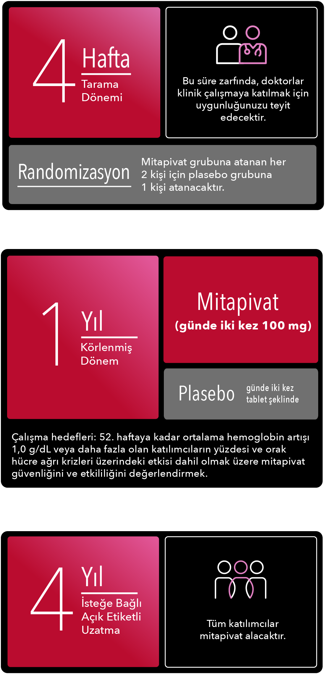 28 güne kadar Faz 3 tarama dönemi, 52 haftalık çift kör dönem, birincil sonlanım noktaları, 216 haftalık açık etiketli uzatma dönemi ve son dozdan yaklaşık 4 hafta sonra güvenlilik takibi