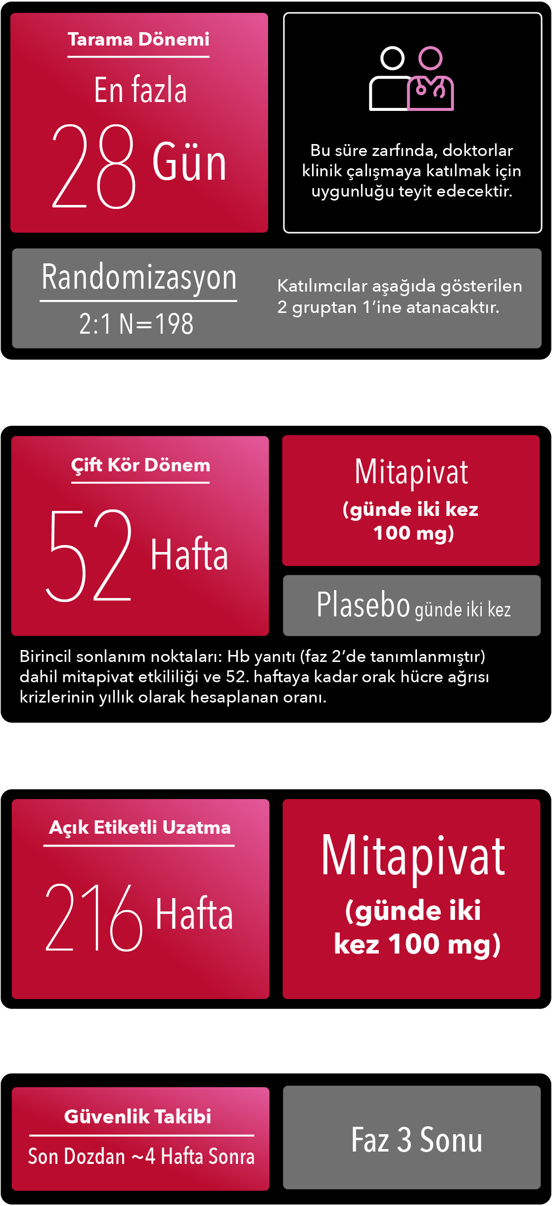 28 güne kadar Faz 3 tarama dönemi, 52 haftalık çift kör dönem, birincil sonlanım noktaları, 216 haftalık açık etiketli uzatma dönemi ve son dozdan yaklaşık 4 hafta sonra güvenlilik takibi